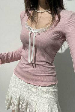 Coquette Aesthetic Long-Sleeve Lace Trim Knit Top with Bow Detail