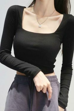 Coquette Aesthetic Long-Sleeve Square Neck Cropped T-Shirt