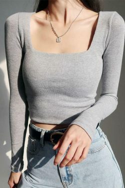 Coquette Aesthetic Long-Sleeve Square Neck Cropped T-Shirt