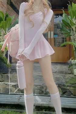 Coquette Aesthetic Long Sleeve V-Neck Ruched Mini Dress with Ruffled Hem