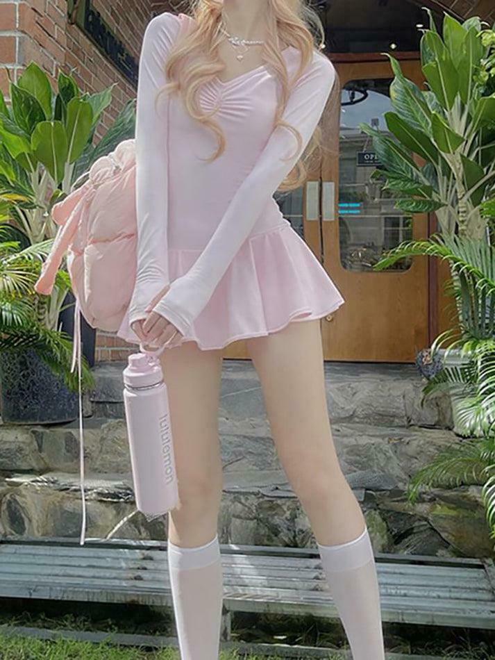 Coquette Aesthetic Long Sleeve V-Neck Ruched Mini Dress with Ruffled Hem Coquette Aesthetic Long Sleeve V-Neck Ruched Mini Dress with Ruffled Hem