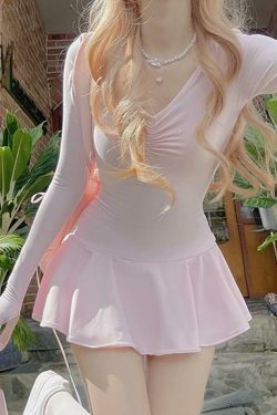 Coquette Aesthetic Long Sleeve V-Neck Ruched Mini Dress with Ruffled Hem