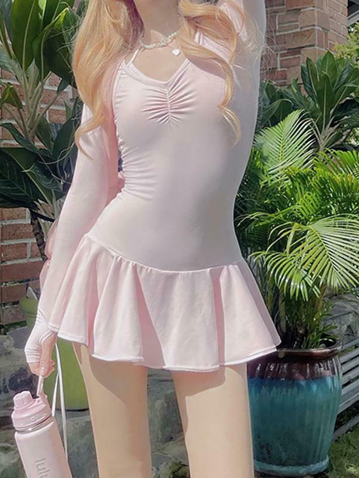 Coquette Aesthetic Long Sleeve V-Neck Ruched Mini Dress with Ruffled Hem Coquette Aesthetic Long Sleeve V-Neck Ruched Mini Dress with Ruffled Hem