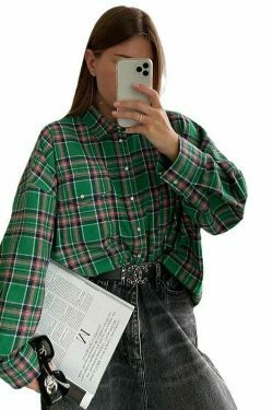 Coquette Aesthetic Loose Plaid Jacket Lapel Long-Sleeved Shirt for Women - Y2K Fashion Grunge Style