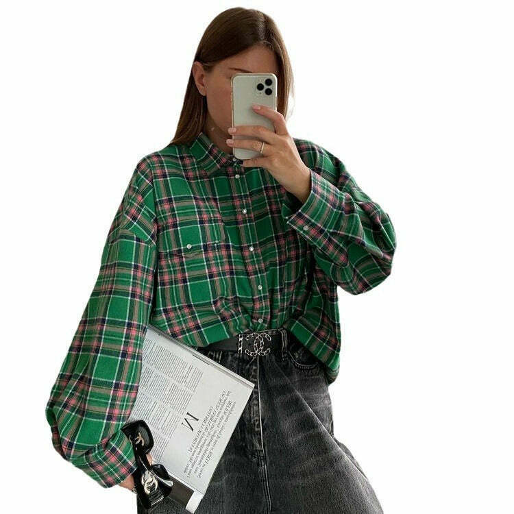 Coquette Aesthetic Loose Plaid Jacket Lapel Long-Sleeved Shirt for Women - Y2K Fashion Grunge Style