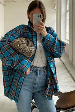 Coquette Aesthetic Loose Plaid Jacket Lapel Long-Sleeved Shirt for Women - Y2K Fashion Grunge Style