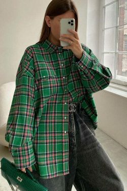 Coquette Aesthetic Loose Plaid Jacket Lapel Long-Sleeved Shirt for Women - Y2K Fashion Grunge Style
