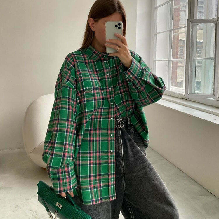 Coquette Aesthetic Loose Plaid Jacket Lapel Long-Sleeved Shirt for Women - Y2K Fashion Grunge Style