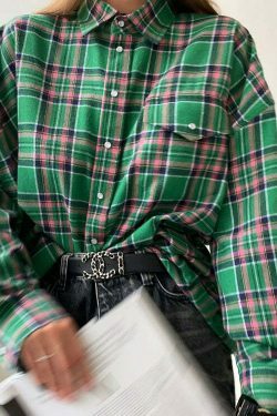 Coquette Aesthetic Loose Plaid Jacket Lapel Long-Sleeved Shirt for Women - Y2K Fashion Grunge Style