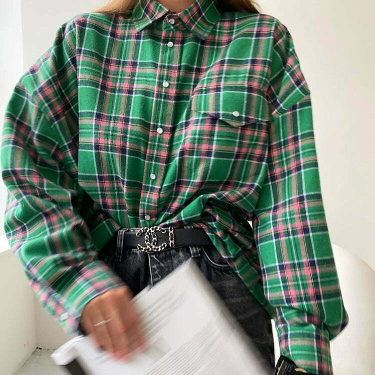 Coquette Aesthetic Loose Plaid Jacket Lapel Long-Sleeved Shirt for Women - Y2K Fashion Grunge Style