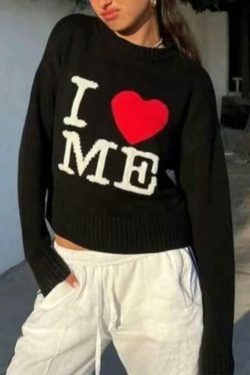 Coquette Aesthetic Love Me Black Pullover Sweater - Y2K Fashion Grunge Style Cute Tops