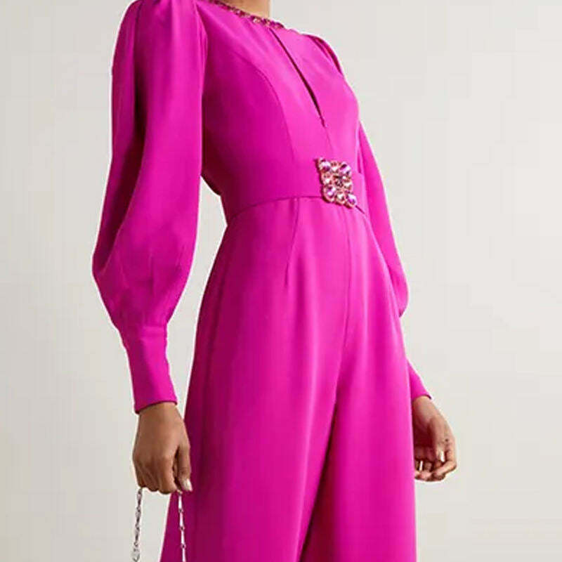 Coquette Aesthetic Magenta Voluminous Sleeves Crepe Jumpsuit - Y2K Fashion Statement Coquette Aesthetic Magenta Voluminous Sleeves Crepe Jumpsuit - Y2K Fashion Statement