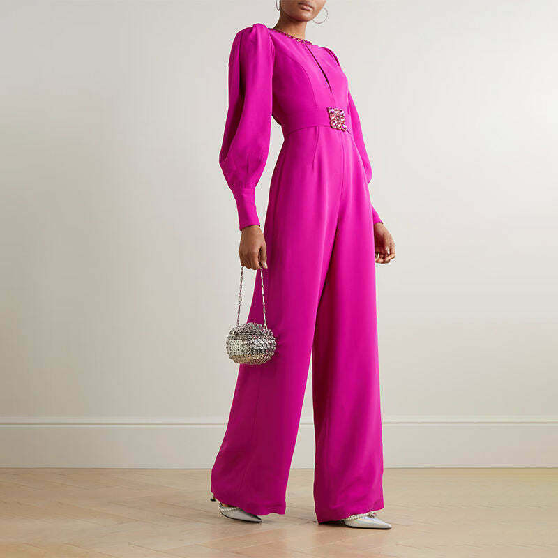 Coquette Aesthetic Magenta Voluminous Sleeves Crepe Jumpsuit - Y2K Fashion Statement Coquette Aesthetic Magenta Voluminous Sleeves Crepe Jumpsuit - Y2K Fashion Statement