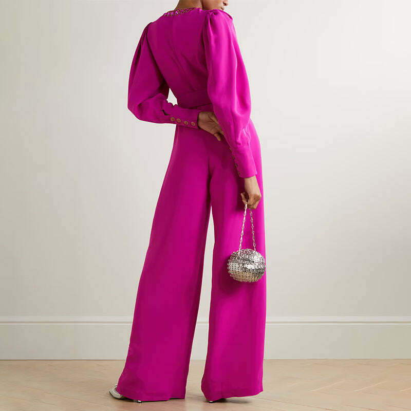 Coquette Aesthetic Magenta Voluminous Sleeves Crepe Jumpsuit - Y2K Fashion Statement Coquette Aesthetic Magenta Voluminous Sleeves Crepe Jumpsuit - Y2K Fashion Statement