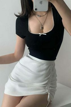 Coquette Aesthetic Melanie Knitted Drawstring Mini Skirt