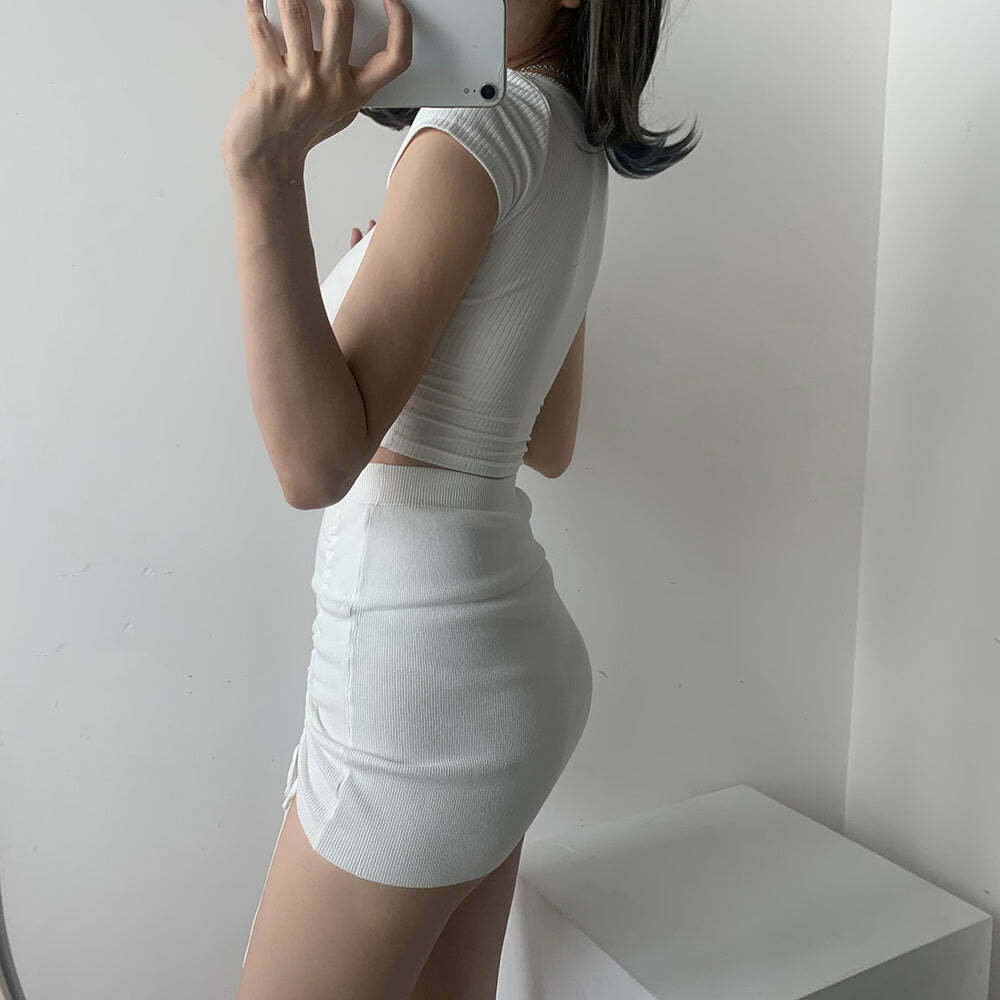 Coquette Aesthetic Melanie Knitted Drawstring Mini Skirt Coquette Aesthetic Melanie Knitted Drawstring Mini Skirt