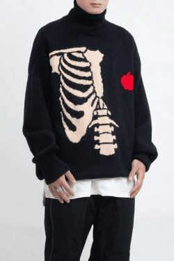 Coquette Aesthetic Men's Skeleton Jacquard Turtleneck Sweater