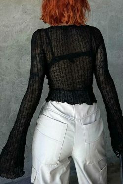 Coquette Aesthetic Mesh Lace-Up Blouse: Y2K Fashion with Grunge Twist