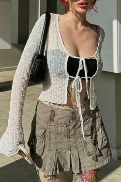 Coquette Aesthetic Mesh Lace-Up Blouse: Y2K Fashion with Grunge Twist