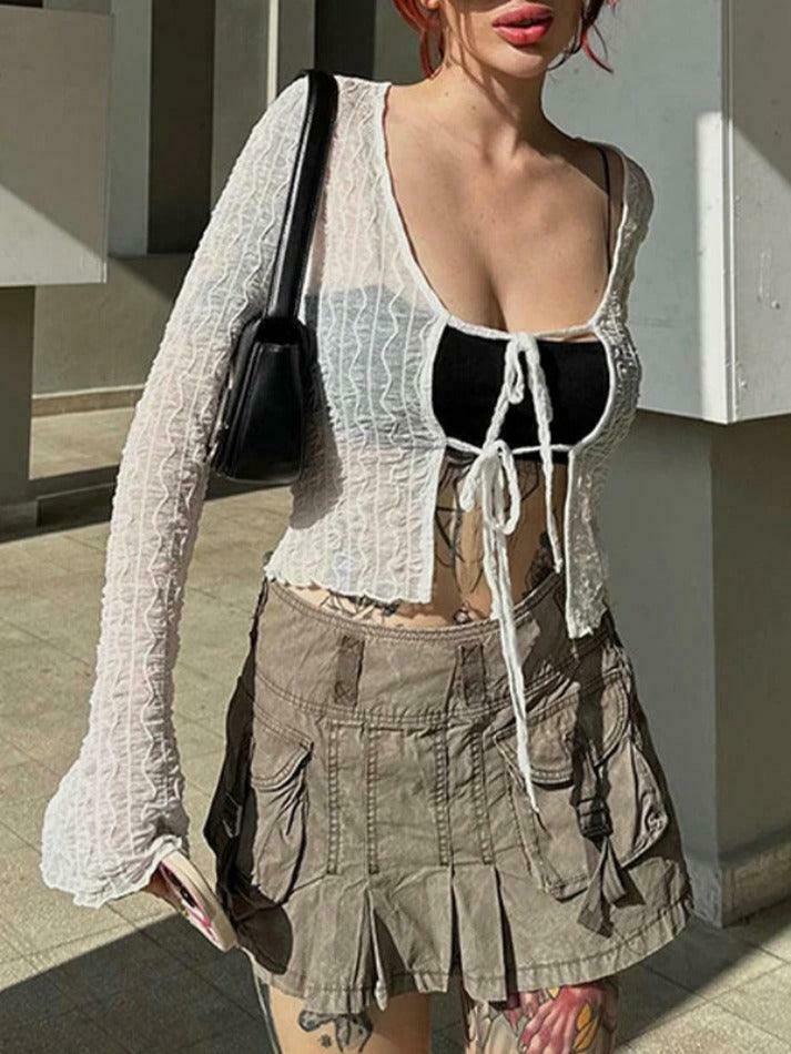 Coquette Aesthetic Mesh Lace-Up Blouse: Y2K Fashion with Grunge Twist Coquette Aesthetic Mesh Lace-Up Blouse: Y2K Fashion with Grunge Twist