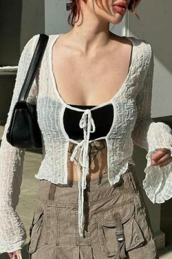 Coquette Aesthetic Mesh Lace-Up Blouse: Y2K Fashion with Grunge Twist