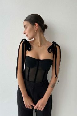 Coquette Aesthetic Meshed Beauty Lace-Up Top - Y2K Fashion with a Tempting Twist