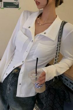 Coquette Aesthetic Metal Button Polo Neck Knit Sweater