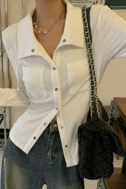 Coquette Aesthetic Metal Button Polo Neck Knit Sweater