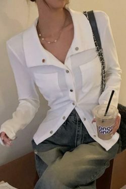 Coquette Aesthetic Metal Button Polo Neck Knit Sweater