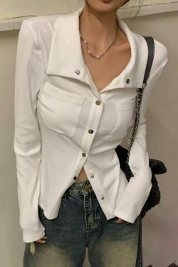 Coquette Aesthetic Metal Button Polo Neck Knit Sweater