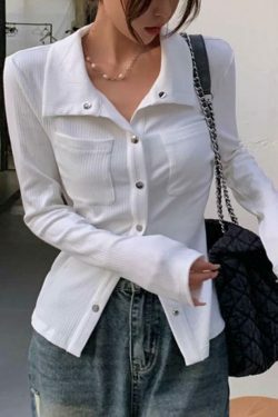 Coquette Aesthetic Metal Button Polo Neck Knit Sweater