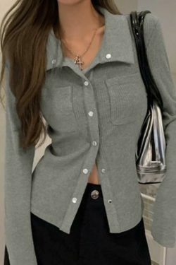 Coquette Aesthetic Metal Button Polo Neck Knit Sweater