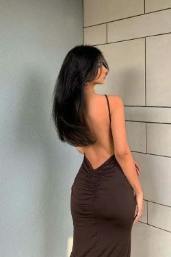 Coquette Aesthetic Mocha Backless Midi Dress - Y2K Fashion Women's Clothing