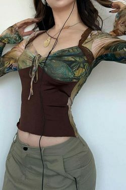 Coquette Aesthetic Mocha Mesh Top: Y2K Fashion, Grunge Style, Cute Tops & Aesthetic Pictures