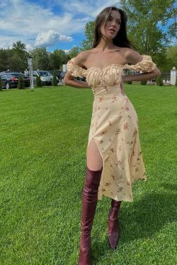 Coquette Aesthetic Off-Shoulder Dress: Y2K Fashion with Rural Radiance Charm