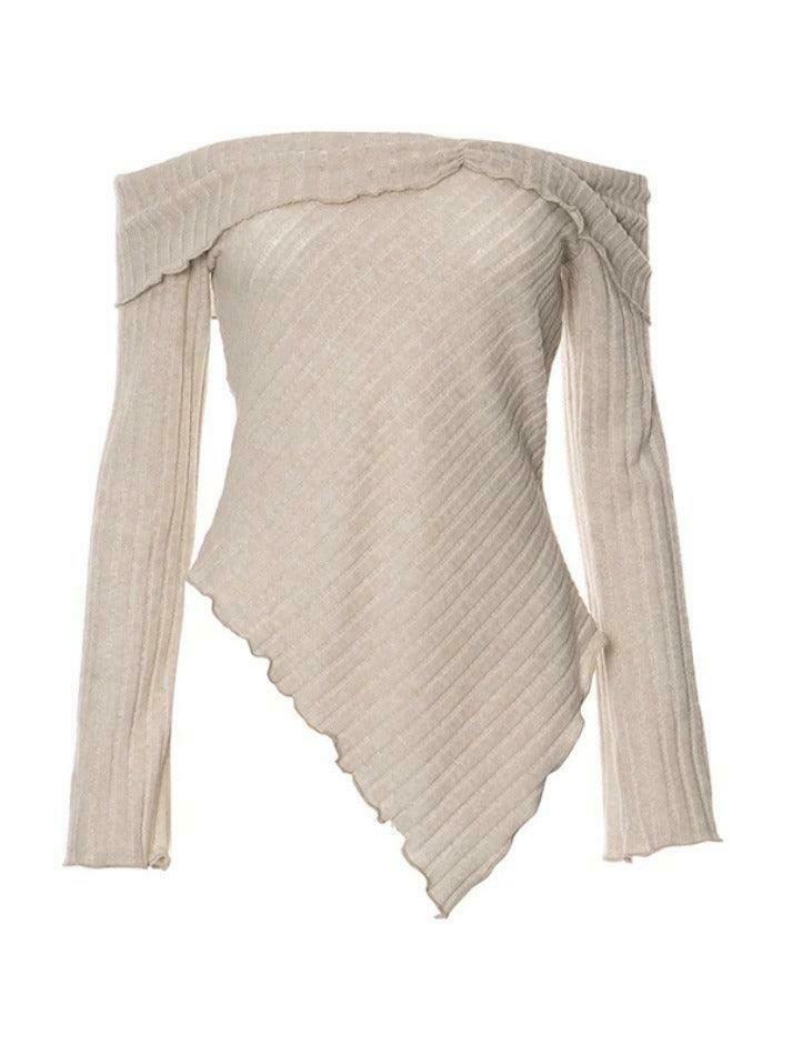 Coquette Aesthetic Off-Shoulder Knit with Irregular Hem - Y2K Grunge Style Tops & Cargo Skirt