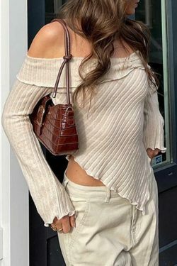 Coquette Aesthetic Off-Shoulder Knit with Irregular Hem - Y2K Grunge Style Tops & Cargo Skirt