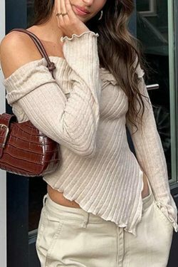 Coquette Aesthetic Off-Shoulder Knit with Irregular Hem - Y2K Grunge Style Tops & Cargo Skirt