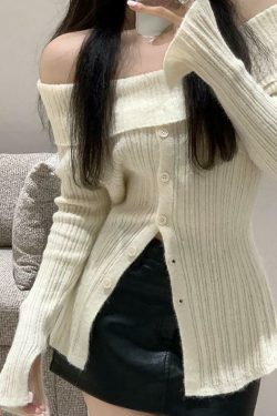 Coquette Aesthetic Off-Shoulder Sweater - Y2K Fashion Grunge Style Cute Tops & Cargo Skirt