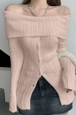 Coquette Aesthetic Off-Shoulder Sweater - Y2K Fashion Grunge Style Cute Tops & Cargo Skirt