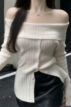 Coquette Aesthetic Off-Shoulder Sweater - Y2K Fashion Grunge Style Cute Tops & Cargo Skirt