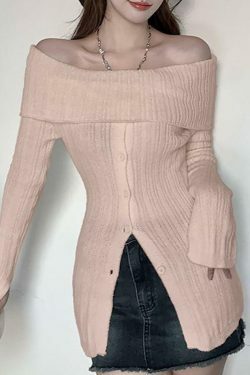 Coquette Aesthetic Off-Shoulder Sweater - Y2K Fashion Grunge Style Cute Tops & Cargo Skirt