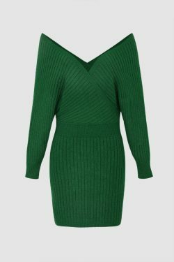 Coquette Aesthetic Off-Shoulder V-Neck Sweater Mini Dress