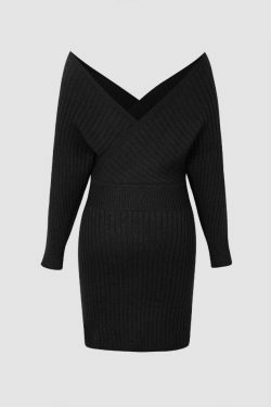 Coquette Aesthetic Off-Shoulder V-Neck Sweater Mini Dress