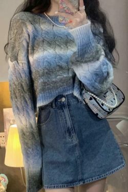 Coquette Aesthetic Ombre Cable Knit Short Sweater - Y2K Fashion Women's Fall Sweater