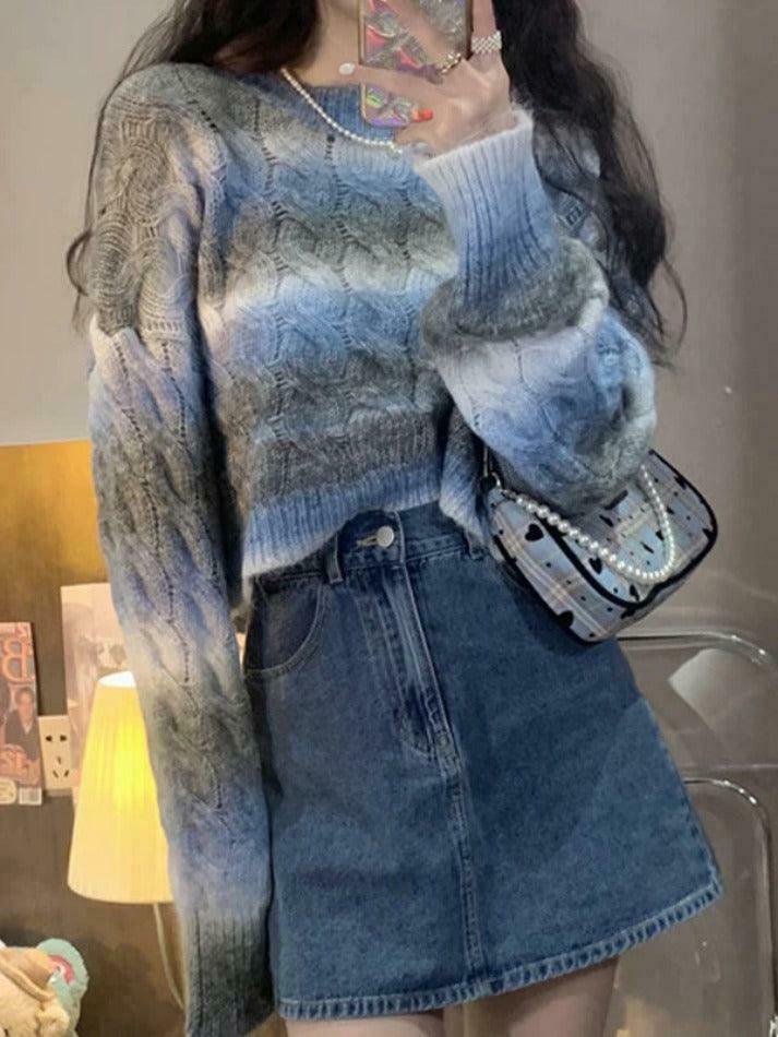 Coquette Aesthetic Ombre Cable Knit Short Sweater - Y2K Fashion Women's Fall Sweater Coquette Aesthetic Ombre Cable Knit Short Sweater - Y2K Fashion Women's Fall Sweater