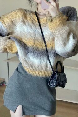 Coquette Aesthetic Ombre Cable Knit Short Sweater - Y2K Fashion Women's Fall Sweater