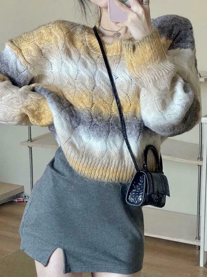 Coquette Aesthetic Ombre Cable Knit Short Sweater - Y2K Fashion Women's Fall Sweater Coquette Aesthetic Ombre Cable Knit Short Sweater - Y2K Fashion Women's Fall Sweater