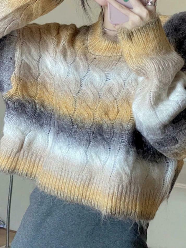 Coquette Aesthetic Ombre Cable Knit Short Sweater - Y2K Fashion Women's Fall Sweater Coquette Aesthetic Ombre Cable Knit Short Sweater - Y2K Fashion Women's Fall Sweater