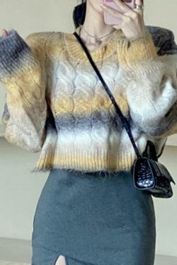 Coquette Aesthetic Ombre Cable Knit Short Sweater - Y2K Fashion Women's Fall Sweater